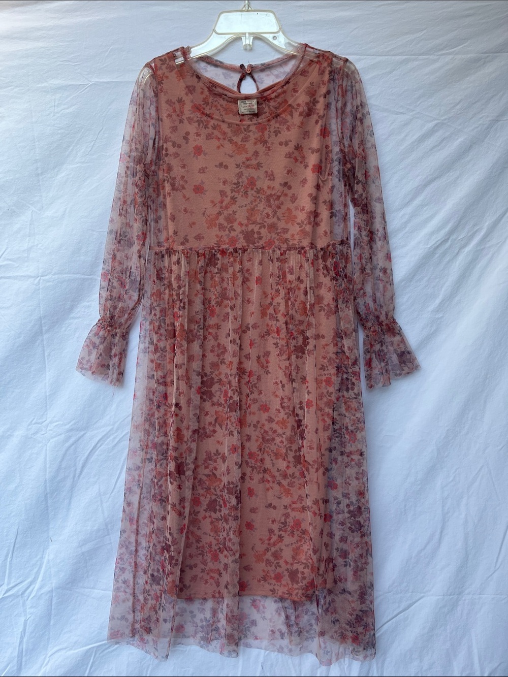Girls “Zara Girl” Floral Mesh Long-Sleeve Dress - Mauve Pink